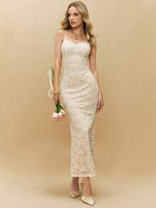 Poéselle Elegant Solid Color Lace Cross Strap Open Back Slim Fit Maxi Dress - White - View 2