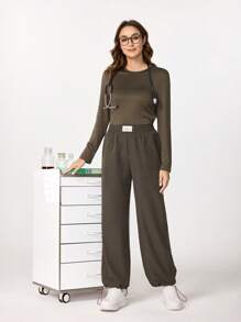 TaskEZ 纯色休闲弹力袖口磨砂制服裤 - 橄欖綠 - 查看 6