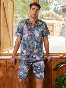 Manfinity ChillVibe Men's All-Over Print Short Sleeve Shorts Pajama Set - Multicolor - View 3