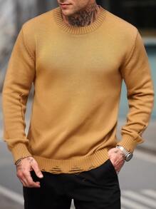 Manfinity Homme Men's Solid Color Crew Neck Long Sleeve Casual Pullover Sweater - Brown - View 5