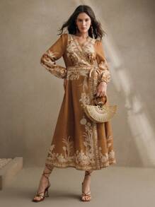 Anewsta Retro Lantern Sleeve Printed Dress, Bohemian Style, Spring Outfits For Women - Multicolor - View 5