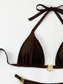 SHEIN Swim Curve Plus Size Women's Halter Split Sequin Solid Color Spiral Decor Two-Piece Sexy Bikini Set, For Summer Beach Vacation