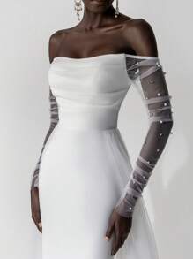 Elitara Elegant Luxurious Bubble Bead Design Long Sleeve Jacket With Detachable Mesh, Ruffled Mermaid Maxi Draped Train Wedding Dress, Suitable For Wedding, Party, Prom, Honeymoon,Bride