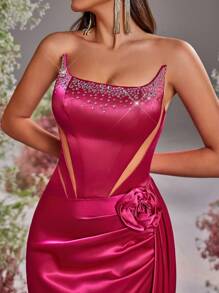 Glamrae Elegant Rose Red Tube Gorgeous Three-Dimensional Hot-Drilled Mesh On Both Sides, See-Through Slimming Hollow Fishtail-Shaped Side 3D Three-Dimensional Flowers Wedding Guest Dress, Suitable For Dates, Vacations, Graduation Back-To-School Season Wedding Events Dinner Dresses, Party Dress, Formal Dress, Evening Dress, Gown - Hot Pink - View 5