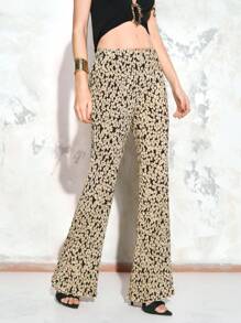 SHEIN LUNE Women's Ditsy Floral Pleated Texture Slim Flare Pants Fall Cloth For Women - Khaki - View 7