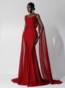 SHEIN Belle 优雅的勃艮第色垂坠领露背扭纹拼接雪纺长裙，带荷叶边拖尾，可作为晚礼服、派对礼服、婚礼宾客礼服、正式礼服 - 酒紅色 - 查看 4