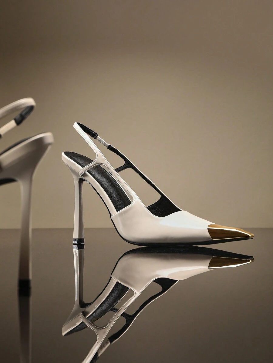 SHUZIA 女士金色装饰方头尖头细高跟鞋单后绑带派对性感优雅哑光漆皮高跟鞋 - 米色 - 查看 1