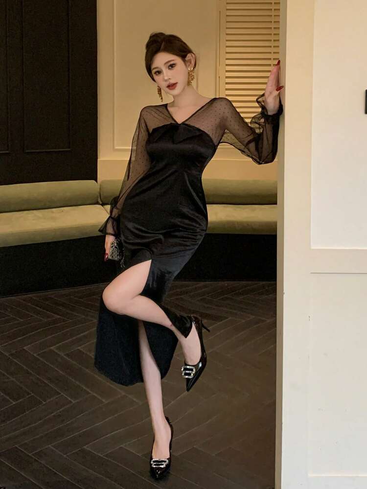 Sheer Mesh Polka Dot Patchwork Bow Decor Satin High Slit Fitted Formal Party Dress For Women Prom Dress,Fall Dress Long Sleeve Dress Elegant Women Dresses