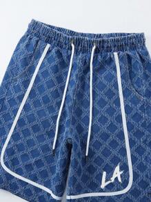 ROMWE MEN Prep Men's Casual Denim Shorts, Football Style, Simple & Fashionable For Everyday Wear - Blue - View 5