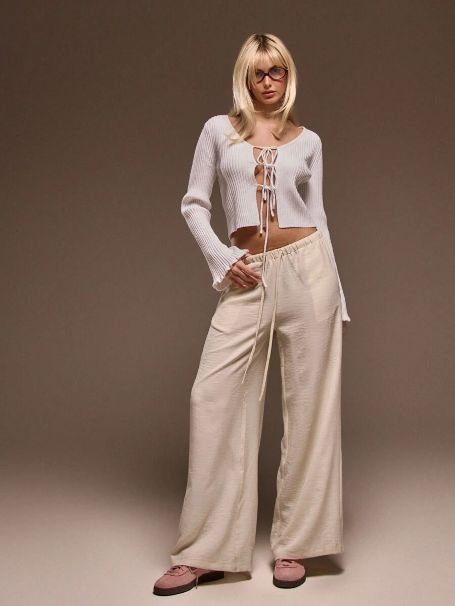 MUSERA Mid Rise Drawstring Waist Linen Wide Leg Trouser Summer Cute Vacation Sexy Chic Elegant Casual - Cream - View 1