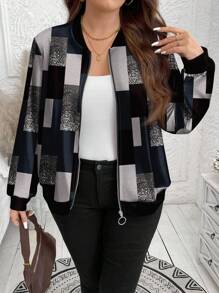 SHEIN LUNE Plus Size Black And White Checkered Jacket: Chic Geometric Print Bomber For Women Fall Clothes Winter Clothes Autumn