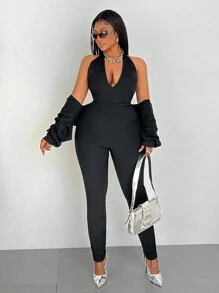 Maweii 2pcs/Set Plus Size Summer Casual Solid Color Halter Tank And Skinny Pants Set - Black - View 3