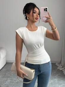 Elenzga 优雅法式度假褶皱蝴蝶结奶油黄色女式 T 恤 - 米色 - 查看 1