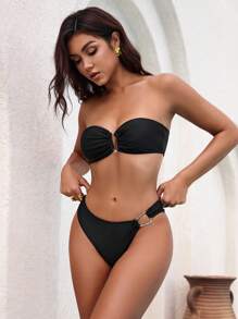 SHEIN Swim 3pcs/Set Women's Fashion Vacation Bandeau Bikini Set For Summer Beach - Black - View 3