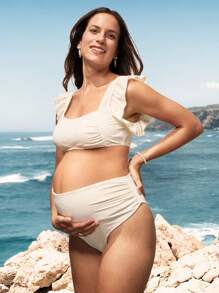 SHEIN Bikini đồ bơi màu trơn viền bèo nhún cho bà bầu đi biển, cho kỳ nghỉ hè - Màu be - Xem 3