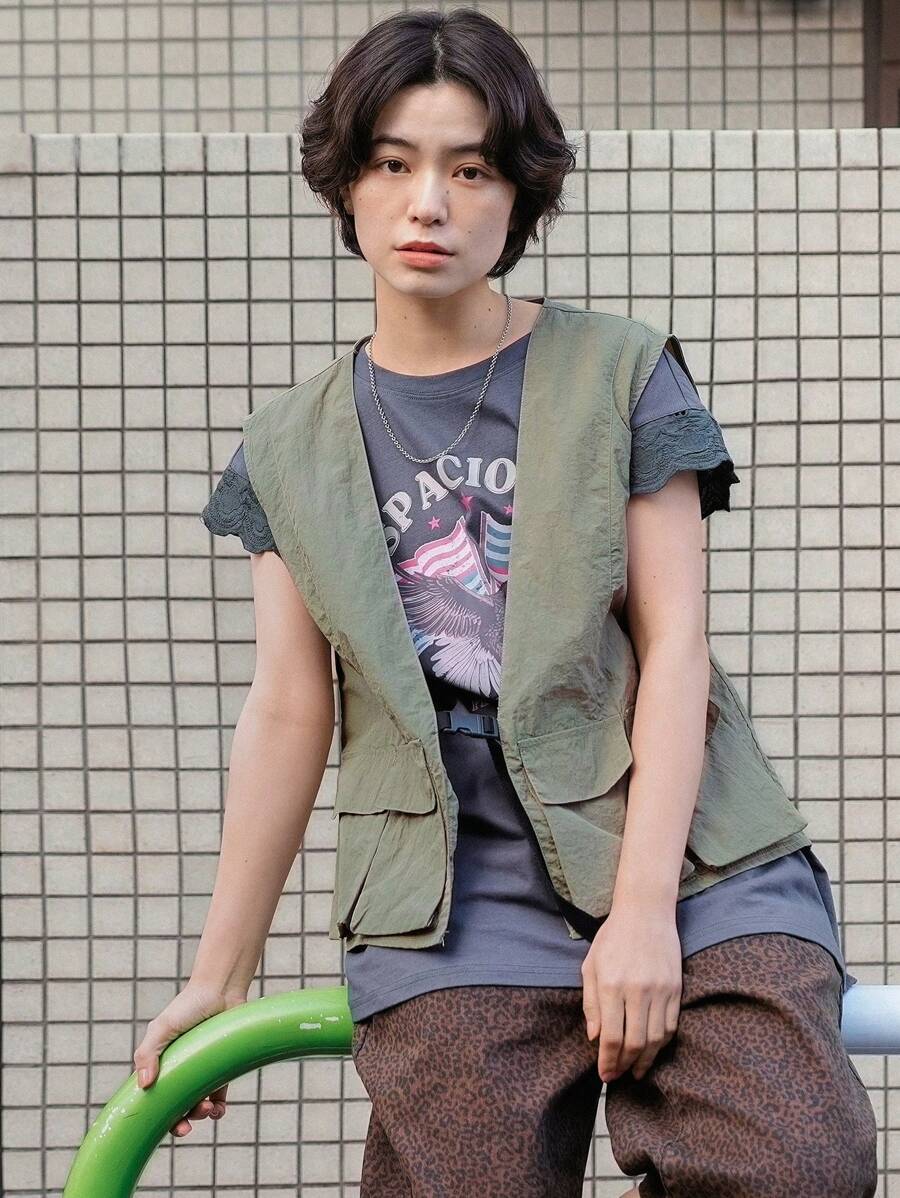 FRIFUL Women's Casual Solid Cargo Vest Jacket - Green - View 1