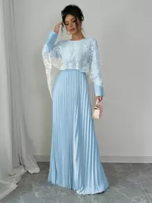 Rafferiza 女士优雅褶皱网眼长裙，秋冬长款女装 - 淺色水洗藍 - 查看 4