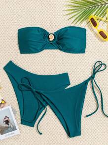 SHEIN Swim Springbreak Women 3pcs Beachwear Set Summer Outfits, Embellished Bustier Top, 2 Solid Bikini Bottoms, Boho Festival Style - Teal Blue - View 8