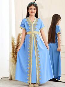 SHEIN Sukienka dla dziewcząt w wieku 12 lat z aplikacją i dekoltem w serek, z krótkim rękawem - Niebieski - Zobacz 1