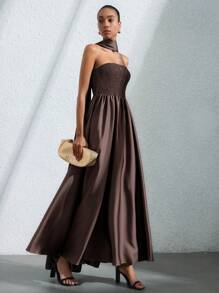 Aveloria Modichic Elegant Minimalist Vintage Money Inspired Design High-End Luxurious 2025 Brown Satin Fabric Pull-On Strapless A-Line Maxi Shirred Dress, Multiple Wearing Ways For Women