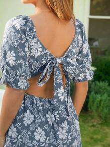 KURAYIA Plus Size Elegant Short Sleeve Blue Jacquard Fabric Back Tie A-Line Dress For Women