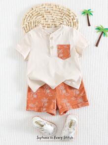 Cozy Pixies 男婴花卉印花撞色针织柔软圆领短袖上衣和松紧腰短裤 2 件套 - 彩色 - 查看 1