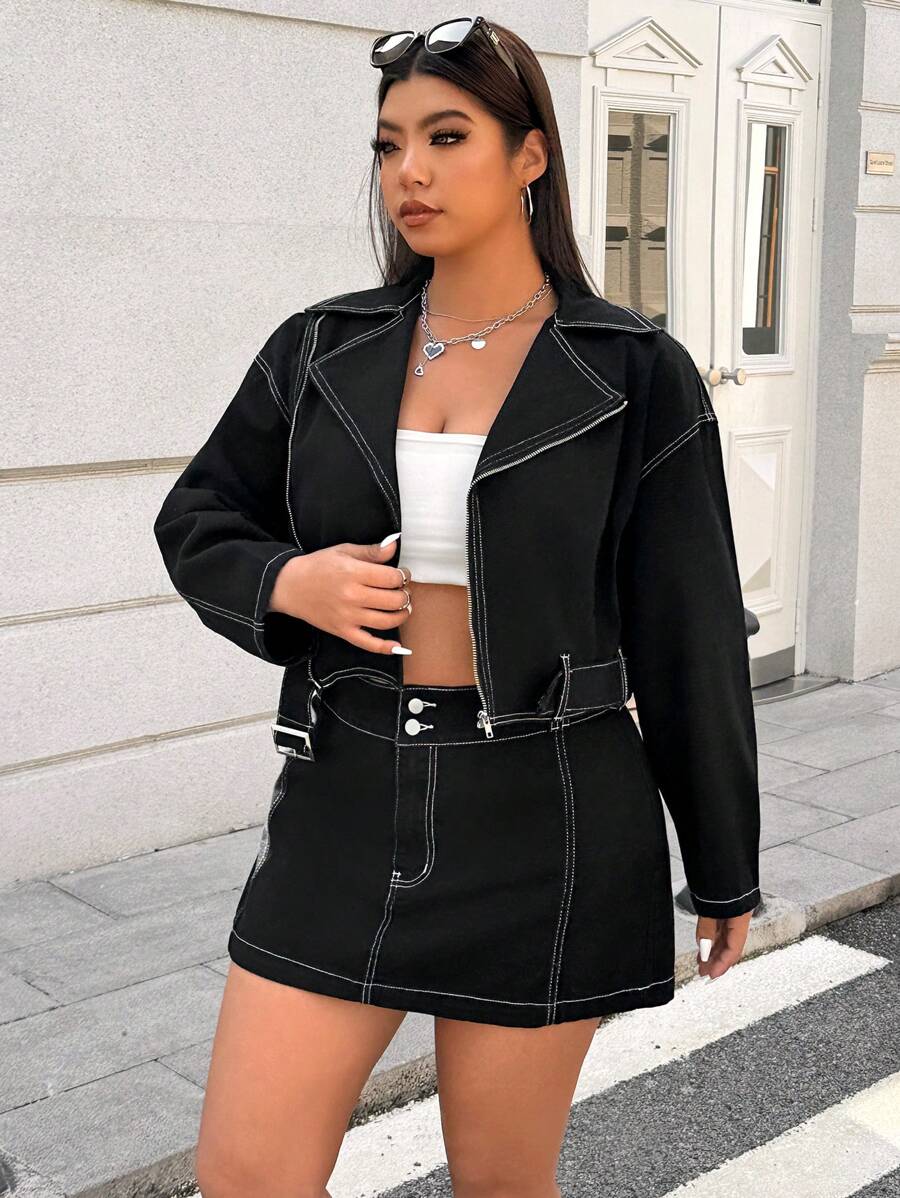 SHEIN EZwear Plus Size Denim Jacket, Casual And Fashionable Everyday Wear - Black - View 1