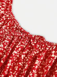 SHEIN Leap Crew Vestido de línea A con mangas abullonadas y sin tirantes con estampado floral pequeño para adolescentes, primavera/verano - Rojo - Ver 6