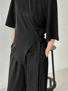 FRIFUL 2pcs Women Set: Cinched Waist T-Shirt And Pants - Black - View 9