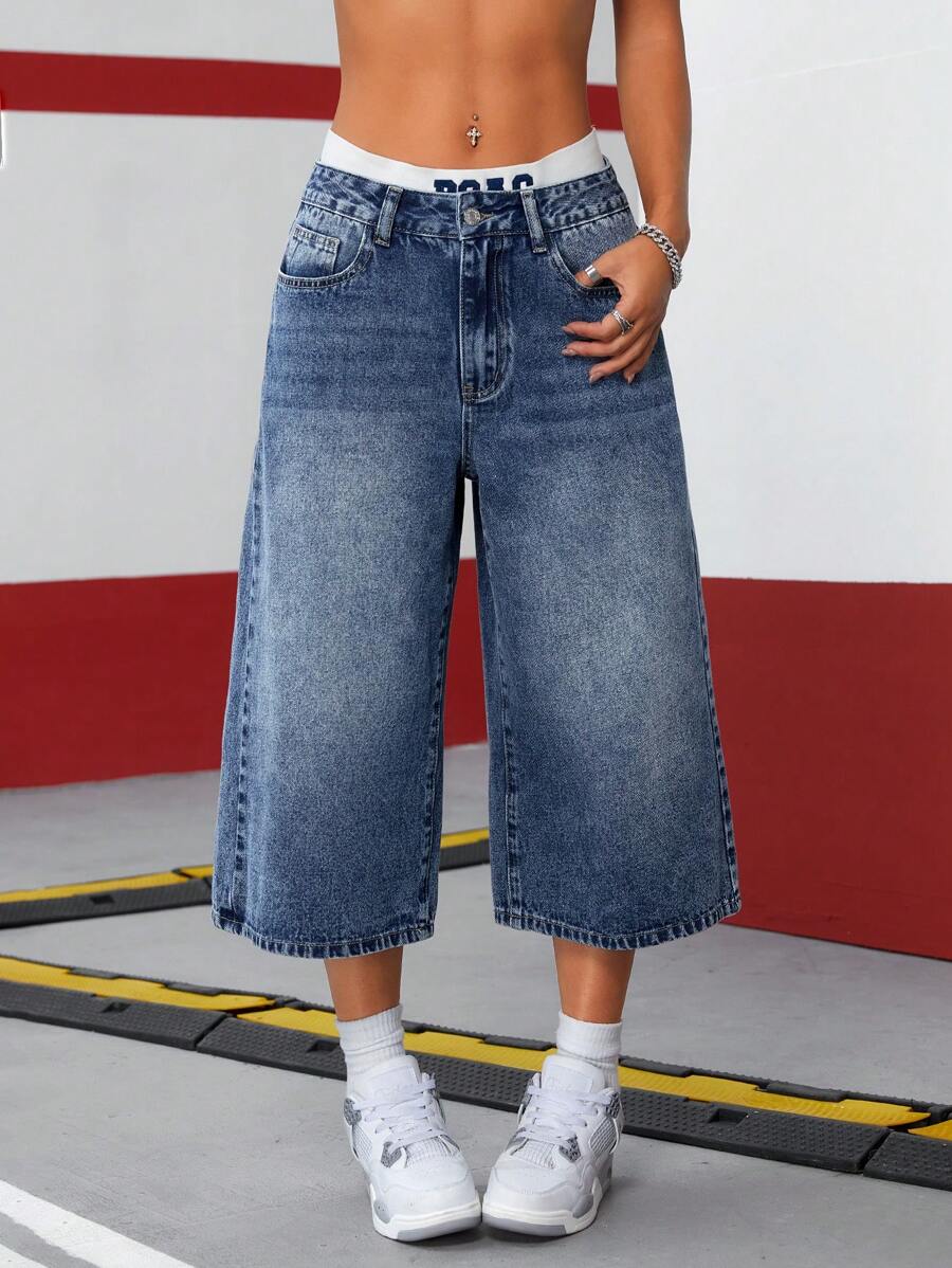 SHEIN ICON Women's Mid-Rise Distressed Stripe Capri Jeans - Dark Wash - View 1