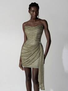 Elitara Elegant Light Military Green Tube Heavy Industry Three-Dimensional Sequins, Swung Collar, Side Gold, Detachable Three-Dimensional Flower Diamond Decoration, Front Pleats, Side Drape, Short Hip Bag, Holiday Date, Single Music Party, Wedding Event, Graduation Homecoming Season Party Gown, Wedding Guest Cocktail Dress