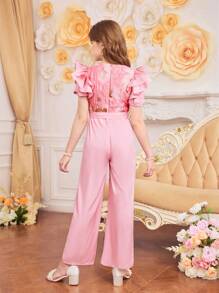 Bộ đồ liền thân tay ngắn có khóa kéo phía trước họa tiết hoa jacquard thanh lịch cho bé gái tuổi mới lớn có thắt lưng, mùa xuân/hè - Hồng - Xem 2