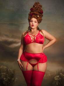 5 件套复古优雅宫廷风格性感花卉蕾丝和缎面荷叶边大码开裆内衣套装，红色 - 紅色 - 查看 2