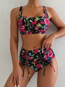 Swim Lushoire Popular Tropical Floral Print Criss-Cross Front Wrinkled Enhancing Bust Tankini Set With Drawstring Waist, Slimming Mature Tropical Beach Summer Vacation Style For Women - Multicolor - View 3
