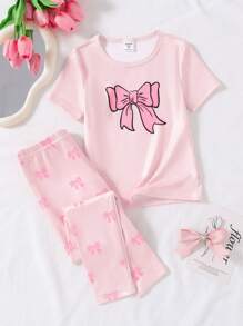 SHEIN 年轻女孩两件套睡衣套装，浅粉色短袖上衣，蝴蝶结设计，搭配长裤，休闲舒适睡衣