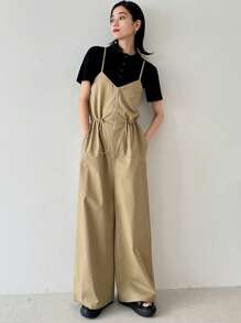 FRIFUL 1pc Women Casual Solid Color Drawstring Waist Jumpsuit For Women Lounge Sets For Women - Khaki - View 8