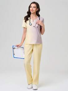 TaskEZ 女士渐变色 V 领短袖上衣和裤子手术服套装