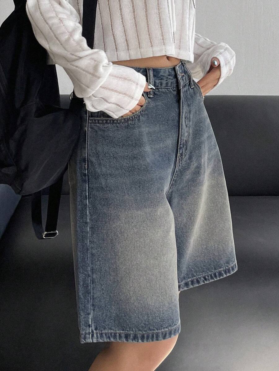 DAZY Quần short Bermuda denim nữ mùa hè kiểu dáng thường ngày, quần short denim, quần jorts. - Rửa nhẹ - Xem 1