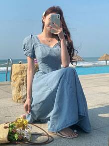 DAZY 女士方领短款泡泡袖牛仔连衣裙 - 淺色水洗藍 - 查看 7