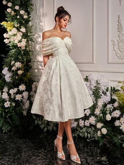 SHEIN Belle Spring And Summer Elegant And Gorgeous White Jacquard Fabric Off Shoulder Dress Suitable For Dinner Bachelorette Party Dating Vacation Back To School Season Graduation Season, Wedding Event Bridal Shower Dress, Little White Dress,Bride