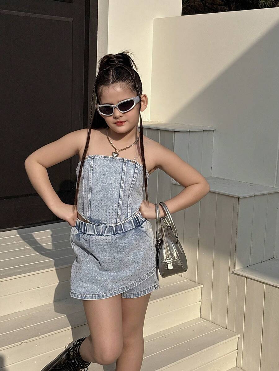 Tween Girl Y2K URBAN Street Light Wash Diamante Detail Jean Tops And Skorts Denim Two Pieces Outfit, With Adjustable Straps. And Chic. - Light Wash - View 1