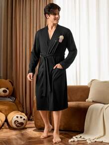 Notgurli Bata de estar por casa minimalista y casual para hombre, para uso diario - Negro - Ver 3