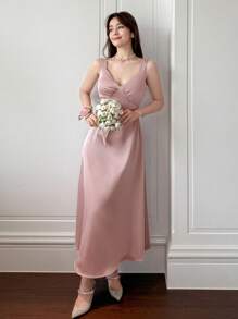 DAZY 女士中长款纯色休闲无袖连衣裙，简约时尚，适合日常穿着，夏季优雅吊带裙，正式女士连衣裙 - 粉色 - 查看 4