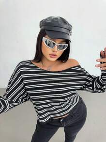 POPSWAY Plus Size Women's Black And White Striped Waffle Oblique Shoulder Long Sleeve Tee,Autumn Smart Casual Everyday Graphic T-Shirt Top For Spring Fall - Black and White - View 5