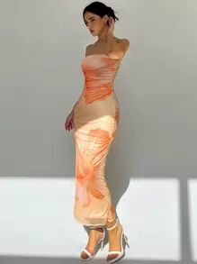 Aloruh Vestido ajustado estampado floral sin tirantes romántico para mujer - Multicolor - Ver 5