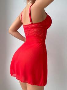 2 Stück/Set Damen einfarbige Spitze mit Schleife sexy Nachthemd Nachtwäsche rotes Kleid - Rot - Übersicht 2
