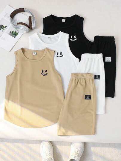 6pcs Tween Boys Casual Cute Expression Print Round Neck Knit Vest And Shorts Set, Suitable For Commuting, School, Everyday Casual, Sports, Spring/Summer