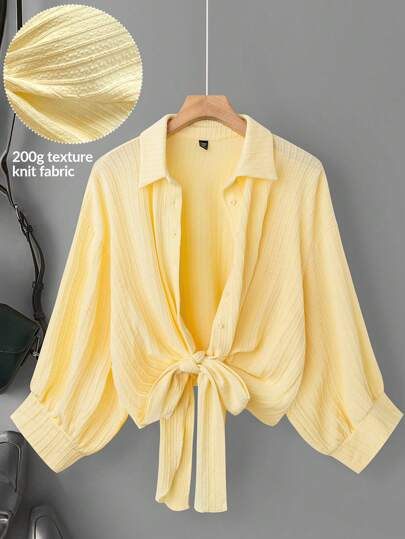 SHEIN LUNE Áo sơ mi dài tay cổ buộc dây dành cho nữ cỡ lớn SHEINLUNE, phong cách Old Money, mùa hè cho nữ, thập niên 90, kỳ nghỉ xuân, kiểu dáng Ibiza, đi biển cho nữ, mùa hè bãi biển phong cách Boho Old Money mùa hè cho nữ kỳ nghỉ xuân lễ hội Rave