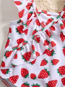 SHEIN Leap Crew Baby Girl Sweet Strawberry Ruffle Trim One-Piece Swimsuit, Summer - Pink - View 3