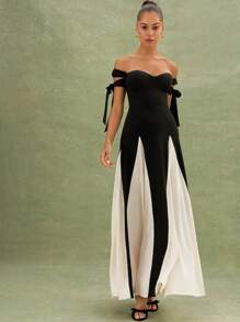L'Amorae 夏季女装，优雅派对露肩黑白拼色拼接系带长裙，女式连衣裙，派对女式连衣裙，夏季女式连衣裙，优雅女式连衣裙，女式连衣裙，舞会礼服，正式女式连衣裙，长裙。适合日常穿着、约会之夜、音乐会、表演、派对、俱乐部 - 黑色 - 查看 5